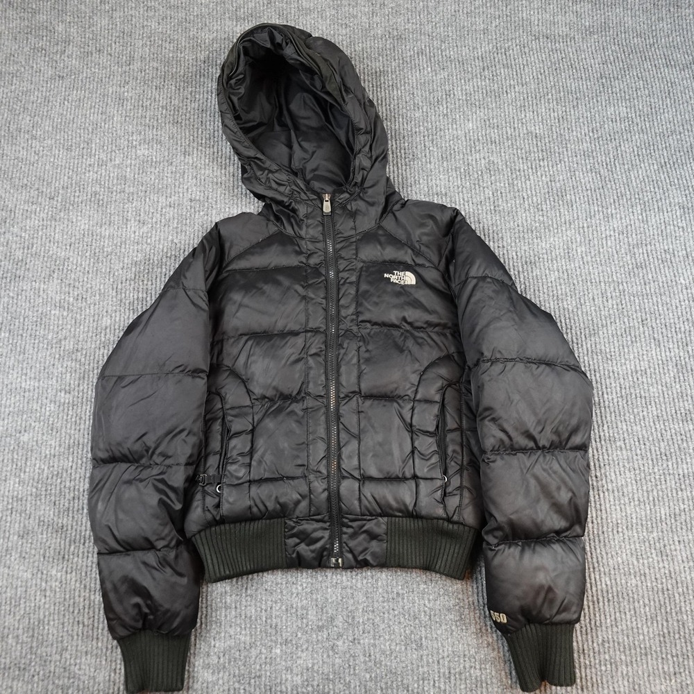 The North Face 550 Down Jacket Womens Small Black Hooded Quilted Puffer Full Zip
